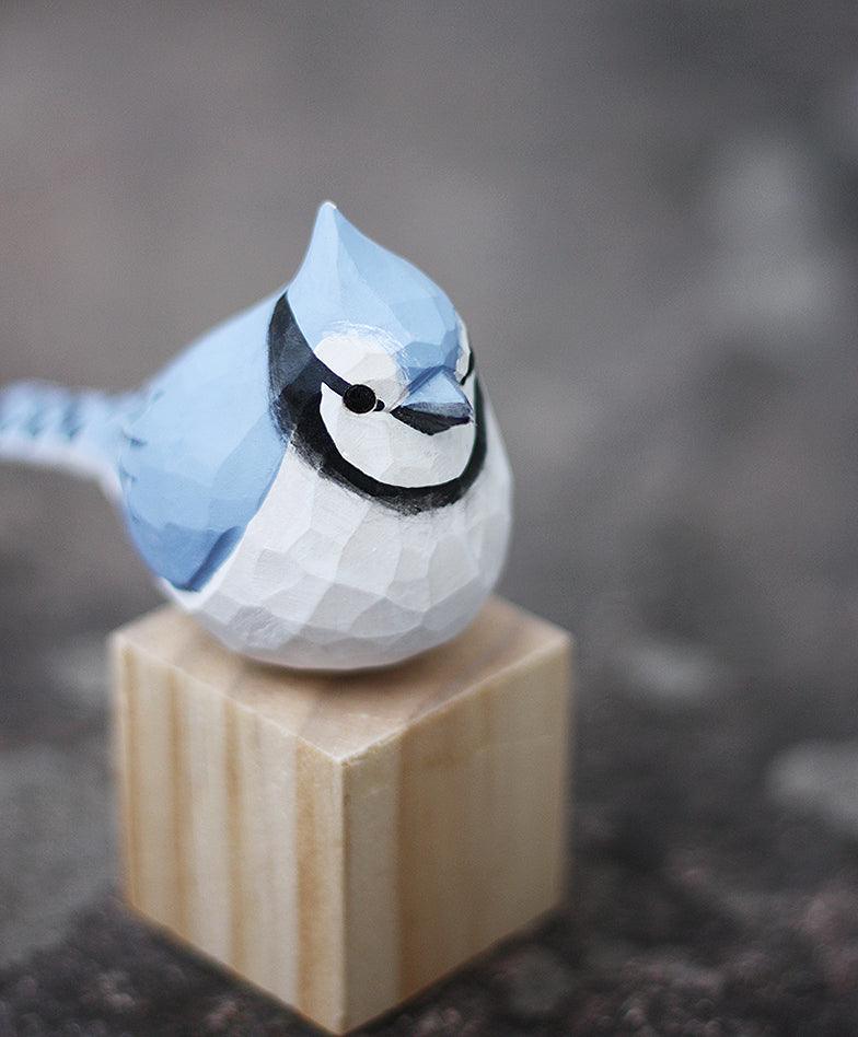 Blue Jay Bird Figurine Hand Carved Painted Wooden