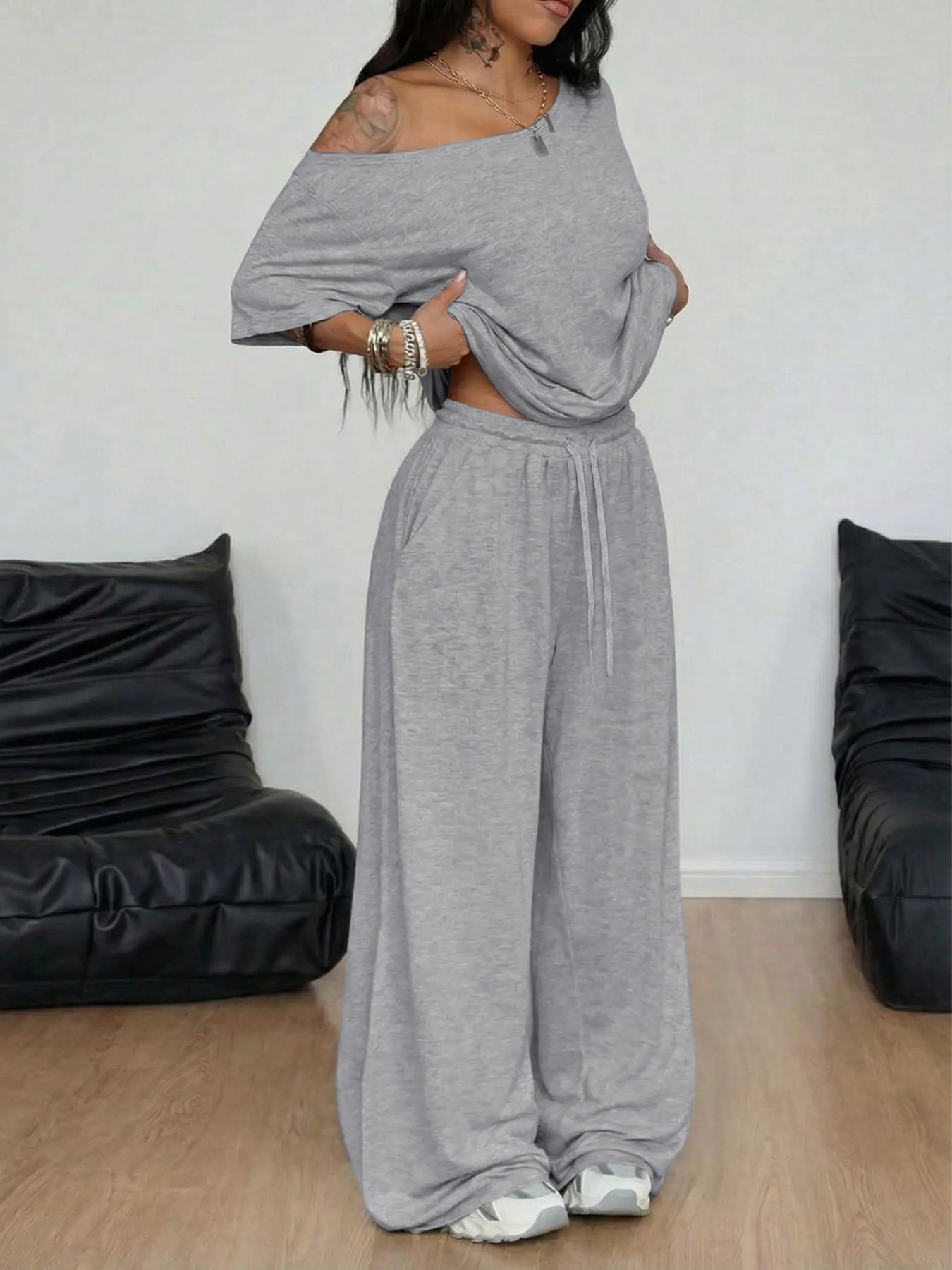 2026 Sexy off Shoulder Two Piece Set, Oversized Top & High Waist Wide Leg Pants, Summer Y2K Fashion Trend Streetwear, Lengthen Legs