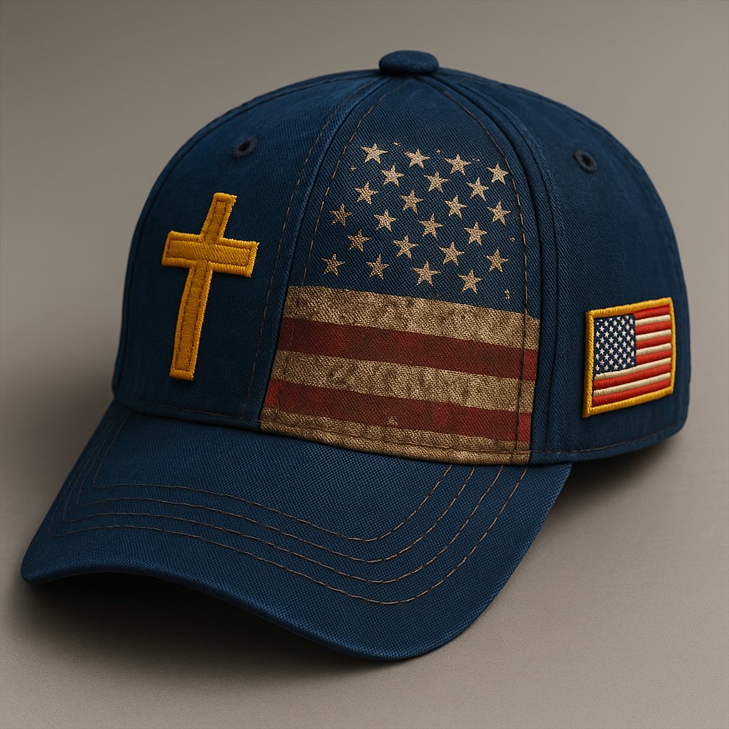 Men's Baseball Cap, USA Flag & Embroidered Cross