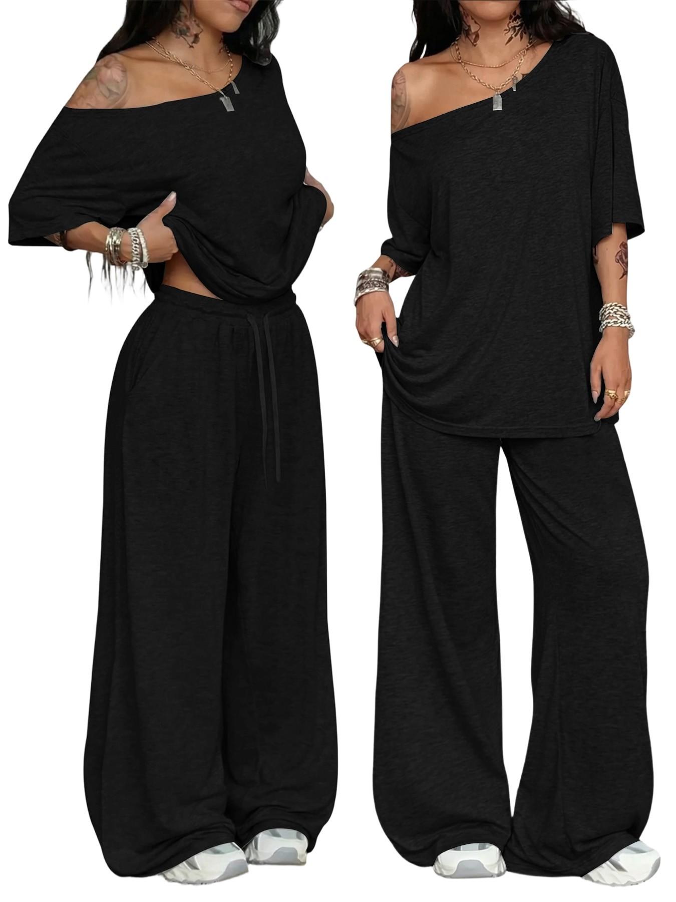 2026 Sexy off Shoulder Two Piece Set, Oversized Top & High Waist Wide Leg Pants, Summer Y2K Fashion Trend Streetwear, Lengthen Legs