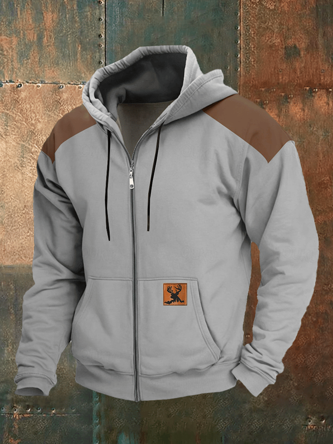 Men's Vintage Western Elk Print Zip-Up Hooded Jacket