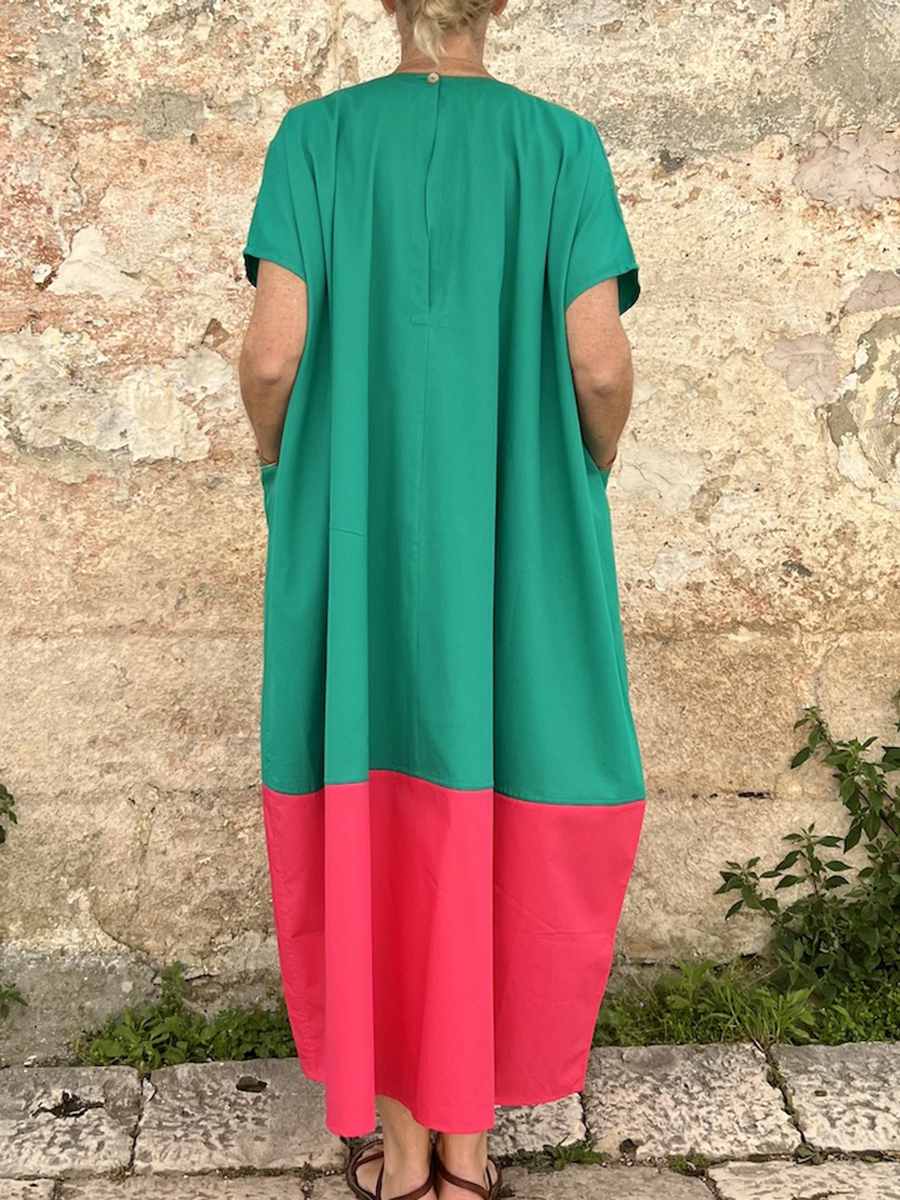 Colorblock Straight Loose Pocket Linen Dress