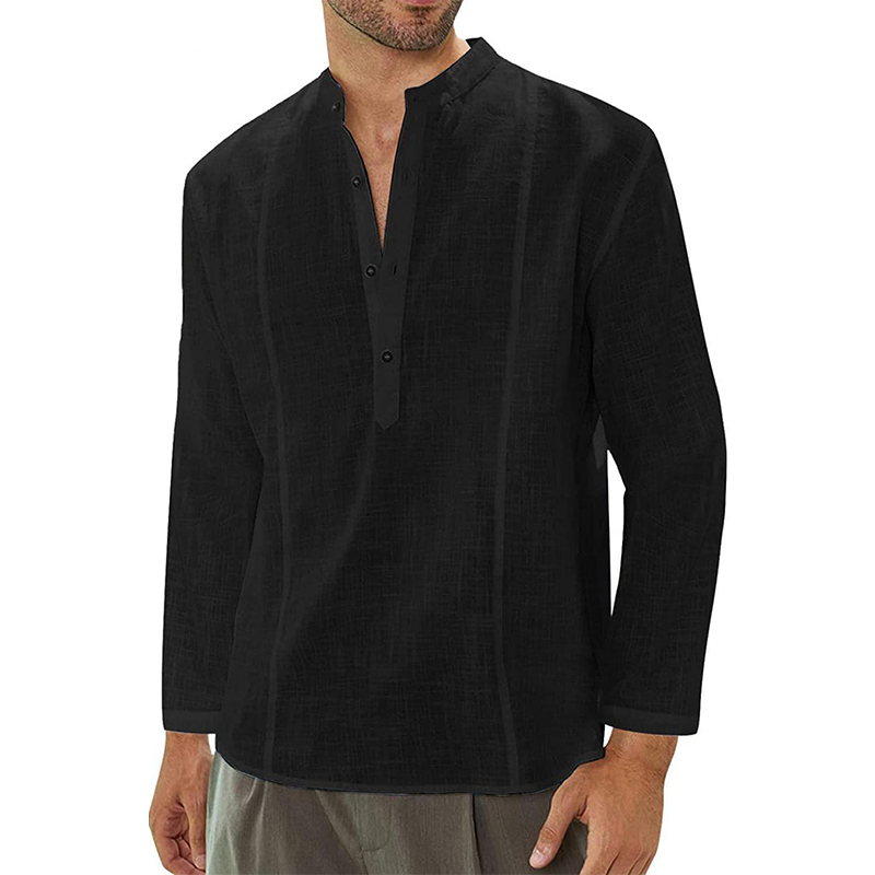 Men's Solid Color Stand Collar Shirt Long Sleeve Comfortable Casual