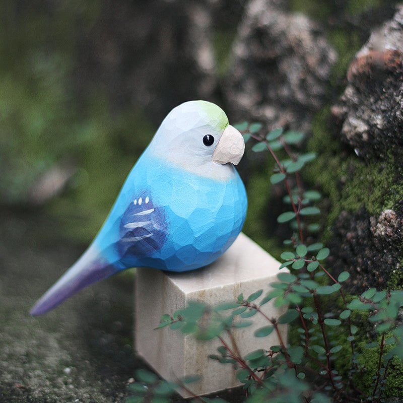 Vibrant Parakeet Figurine - Hand-Painted Wooden Sculpture for Bird Lovers