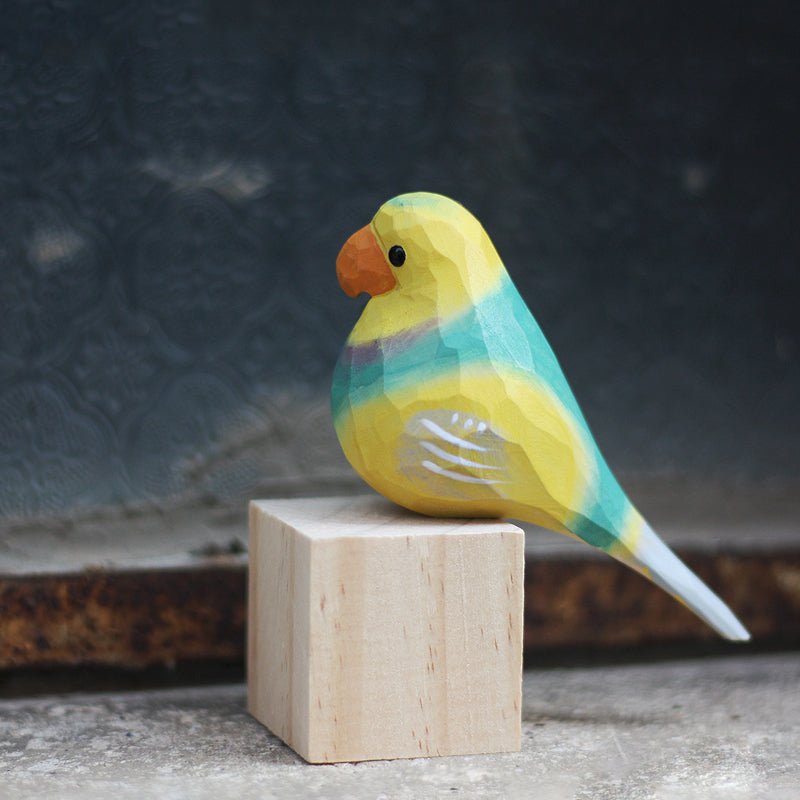 Vibrant Parakeet Figurine - Hand-Painted Wooden Sculpture for Bird Lovers