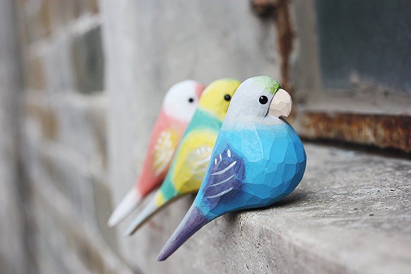 Vibrant Parakeet Figurine - Hand-Painted Wooden Sculpture for Bird Lovers