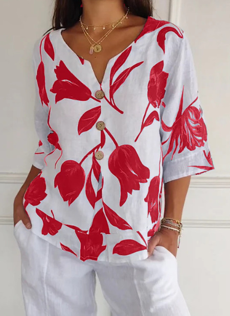 Printed Linen-Cotton V-Neck Short-Sleeve Pull-On Shirt