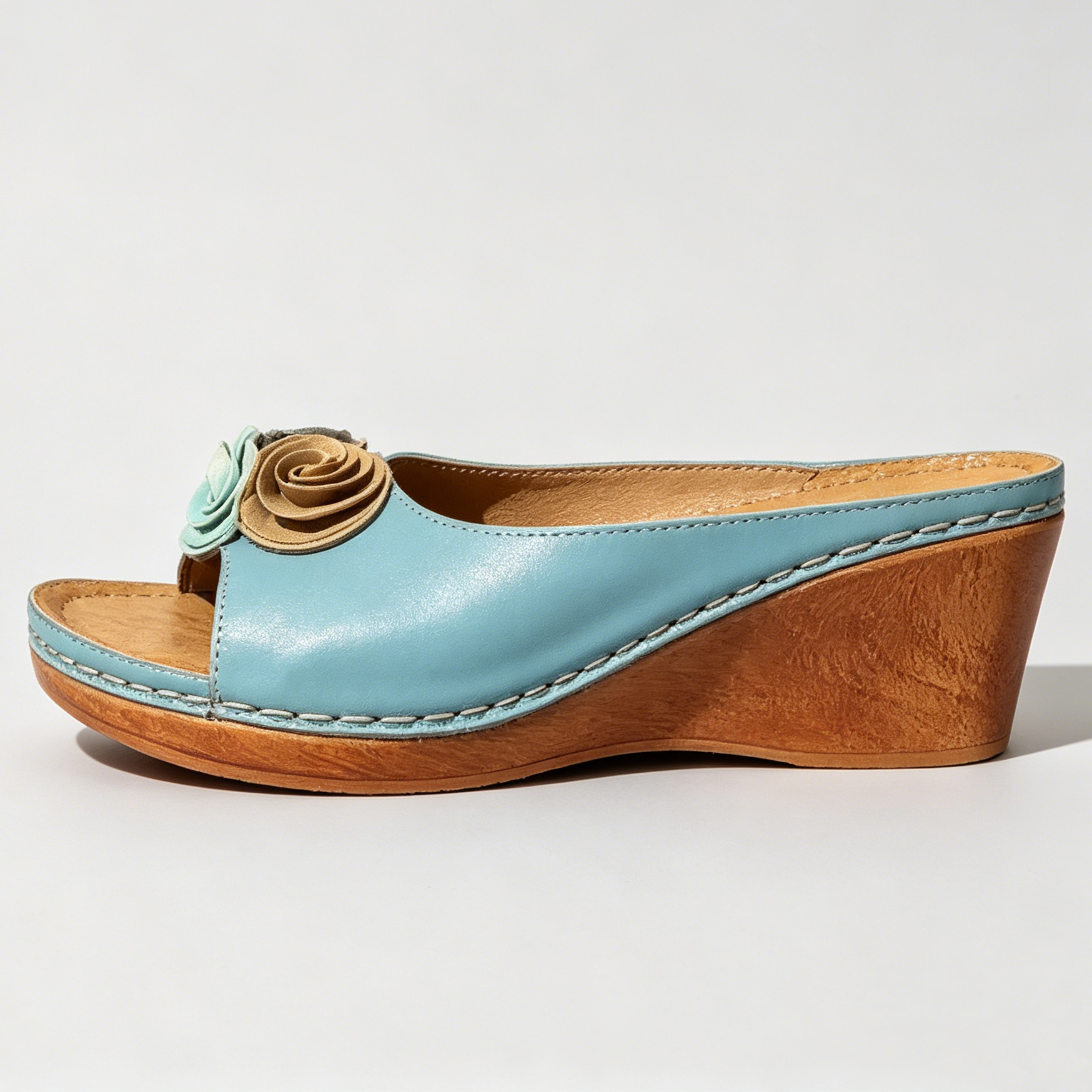 🔥2025 Hot Sale New Arrival🔥Womens Comfy Leather Solid Flower Strap Wedge Sandals