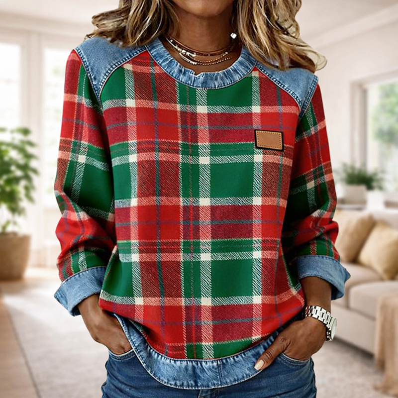🔥Women's Casual Round Neck Denim Patchwork Pullover Sweatshirt