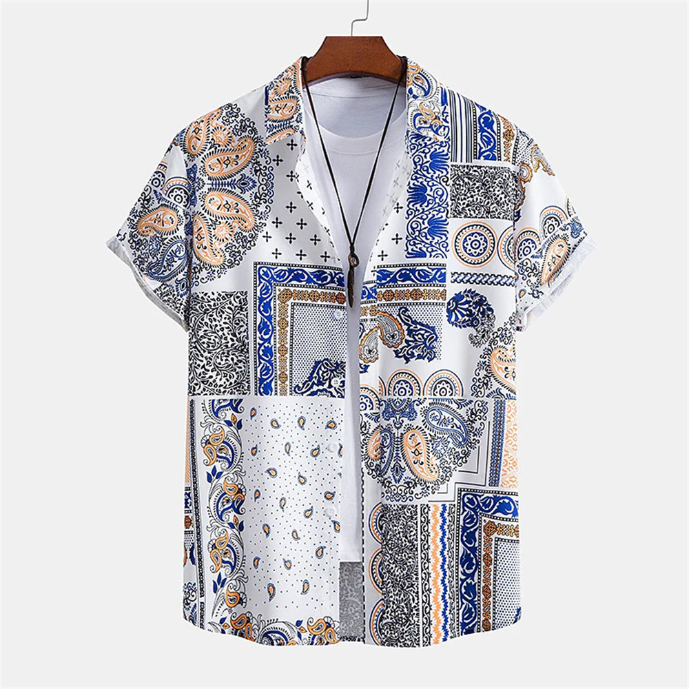 Men's Summer Patchwork Print Casual Vintage Short Sleeve Shirt