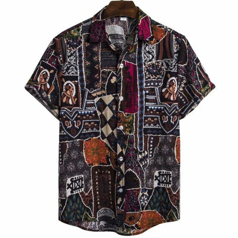 Men's Summer Patchwork Print Casual Vintage Short Sleeve Shirt