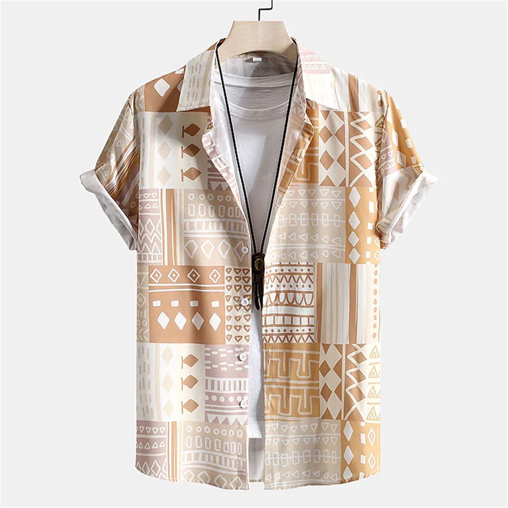 Men's Summer Patchwork Print Casual Vintage Short Sleeve Shirt
