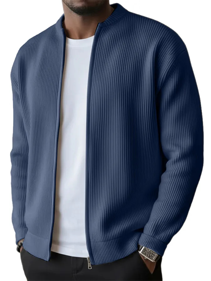 Black Friday Early Bird Sale 💥Men's Simple Casual Ribbed Stand Collar Zipper Long Sleeved Jacket