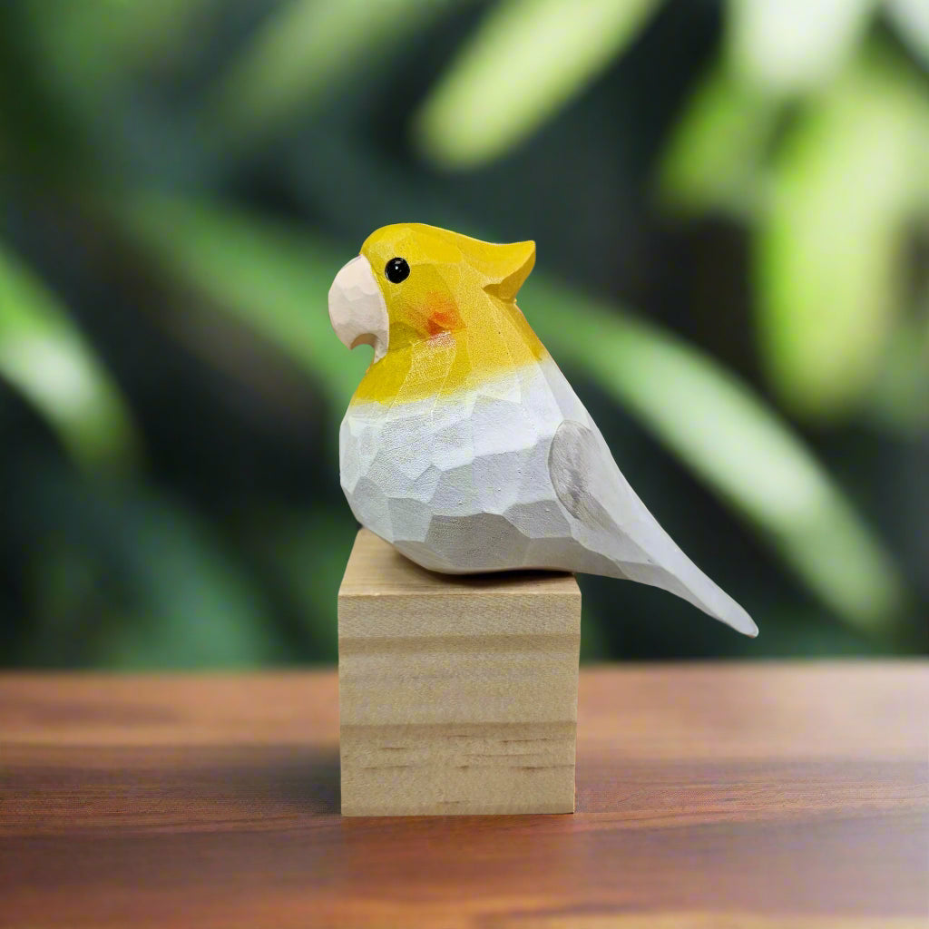 Cockatiel Bird Figurines Hand Carved Painted Wooden