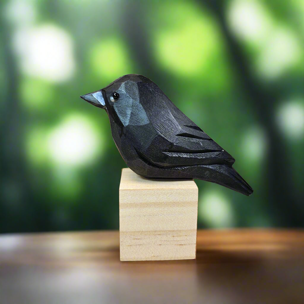 Crow Figurine Hand Carved Wood Painted Bird
