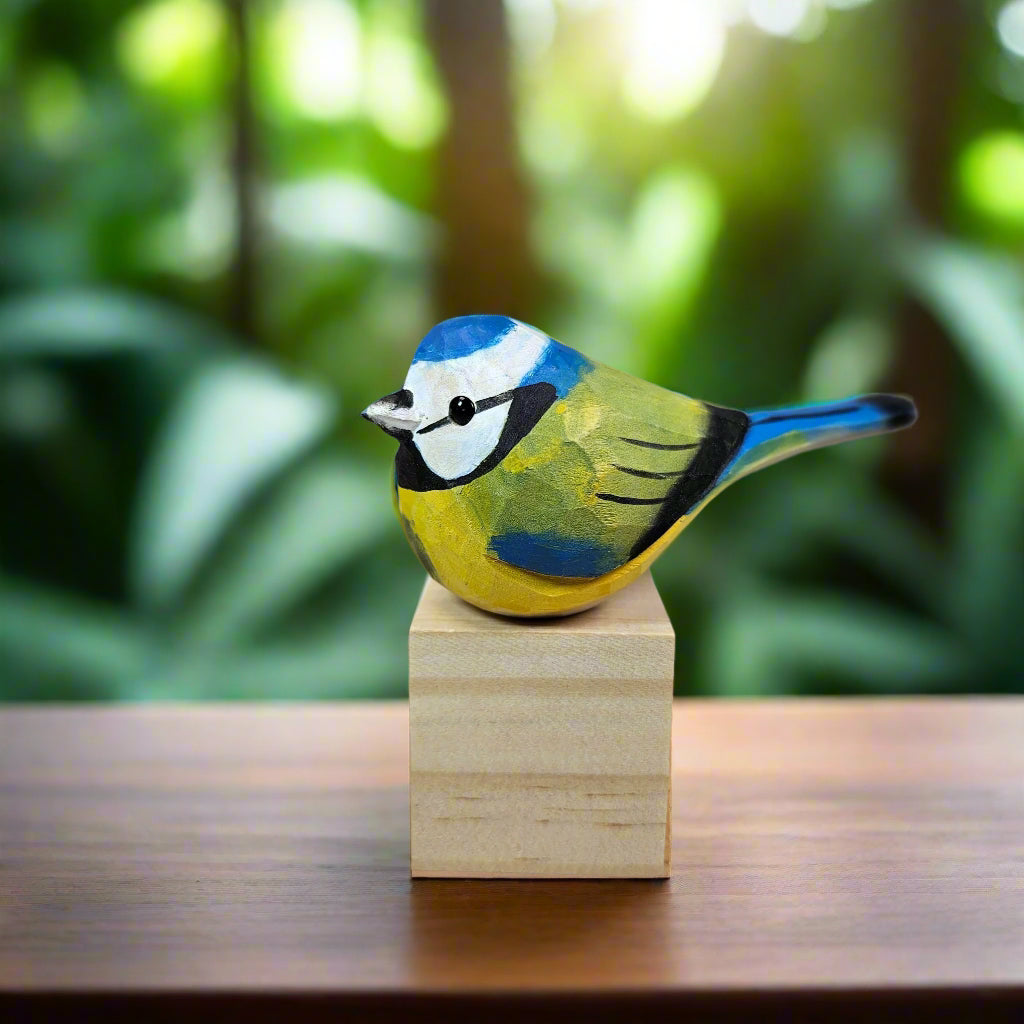 Eurasian blue tit Figurine Hand Carved Painted Woode