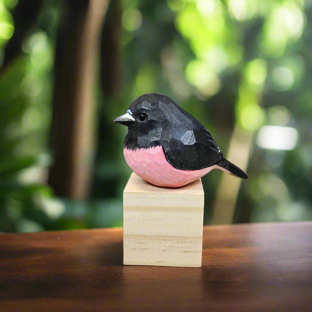 Pink Robin Bird Figurines Hand Carved Painted Wooden