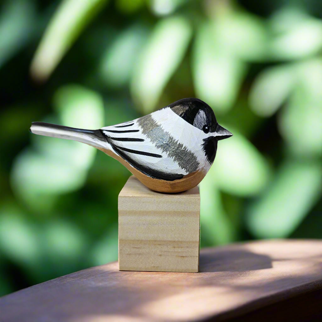 Chickadee Bird Figurine Hand Carved Painted Wooden