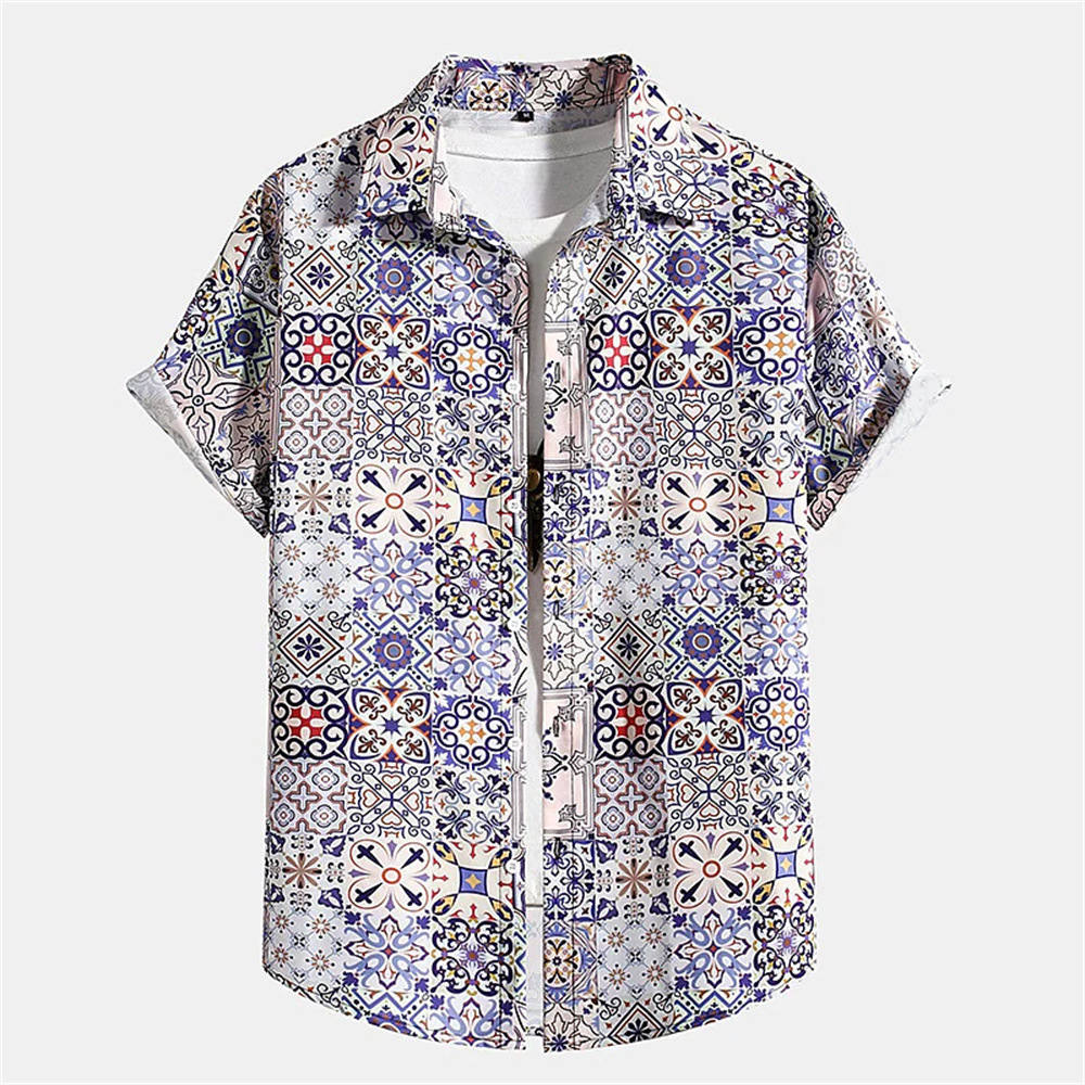 Men's Summer Patchwork Print Casual Vintage Short Sleeve Shirt