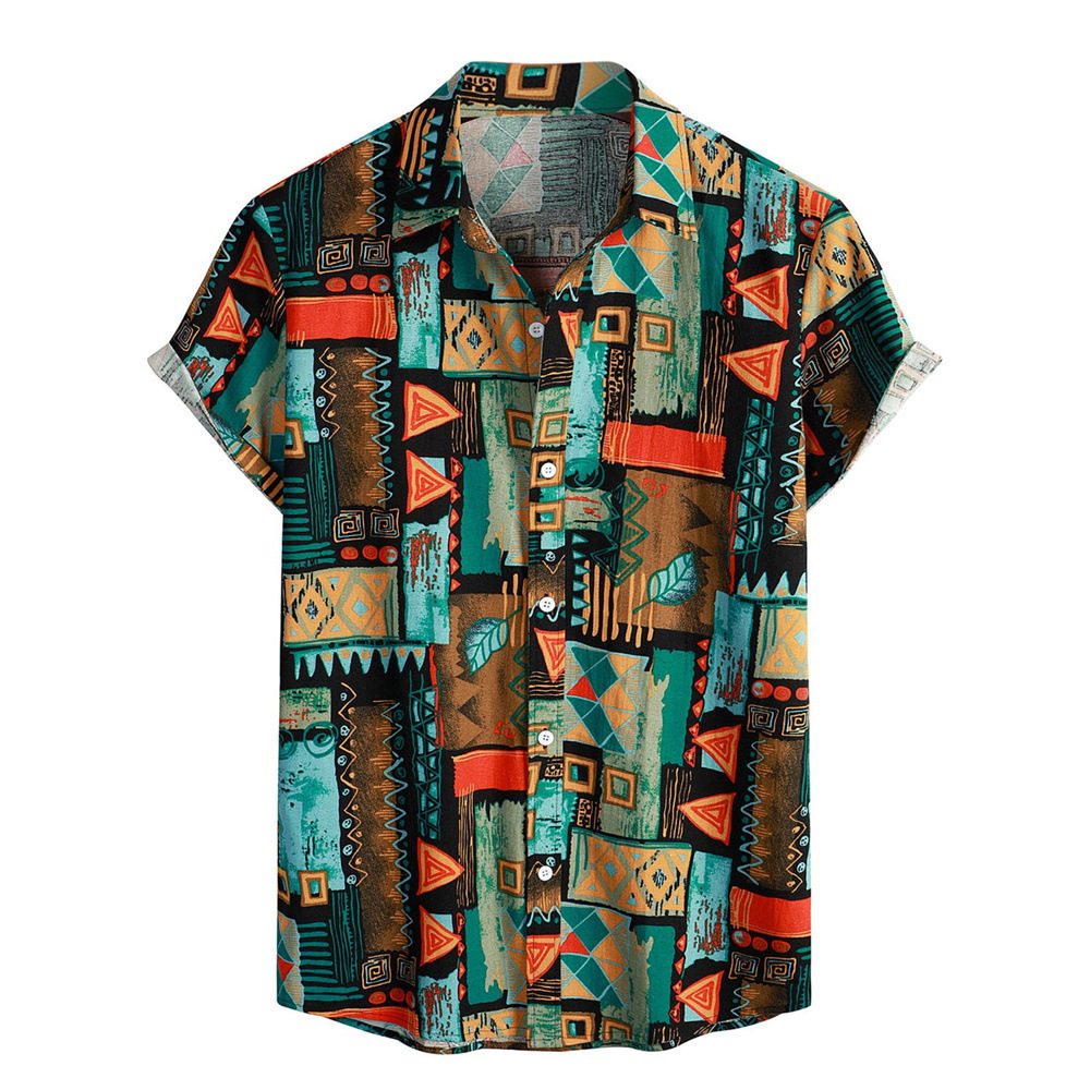 Men's Summer Patchwork Print Casual Vintage Short Sleeve Shirt