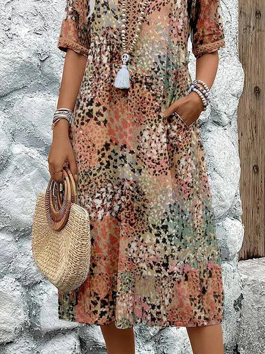 Women's Short Sleeve Summer Leopard V Neck Lace Dress