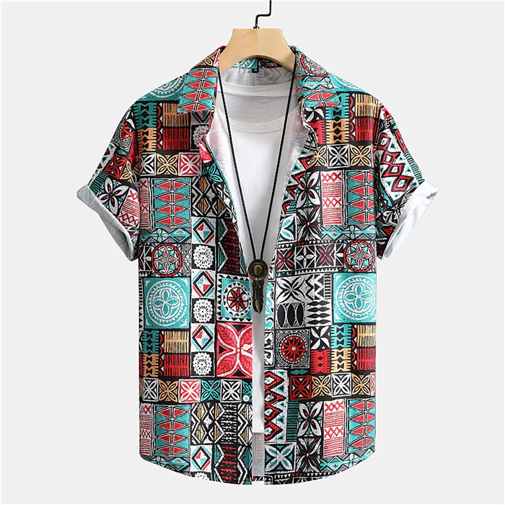 Men's Summer Patchwork Print Casual Vintage Short Sleeve Shirt