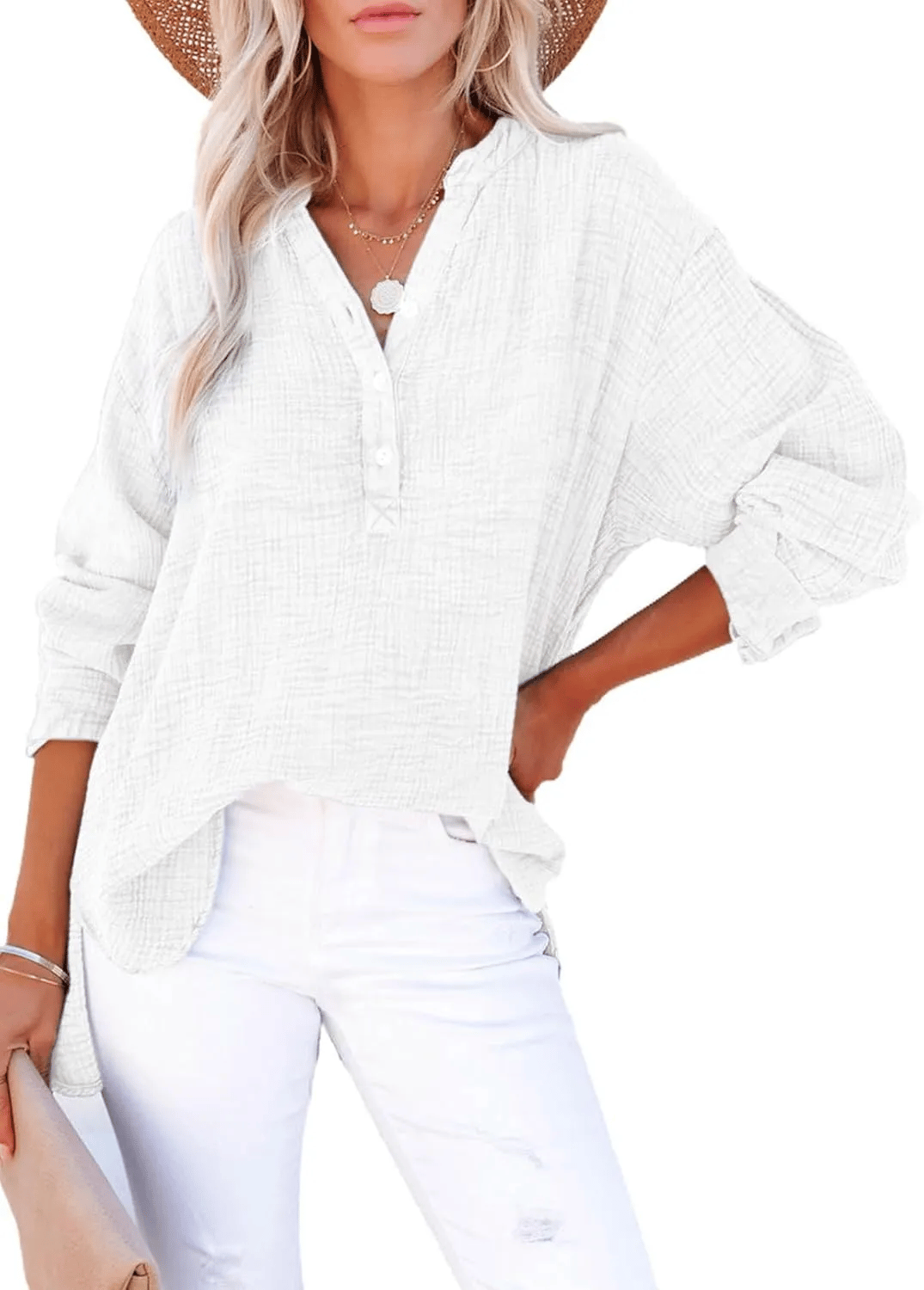 Limited time sale🔥Womens Casual Button V Neck Long Sleeve Shirts Oversized Solid Blouses Tops