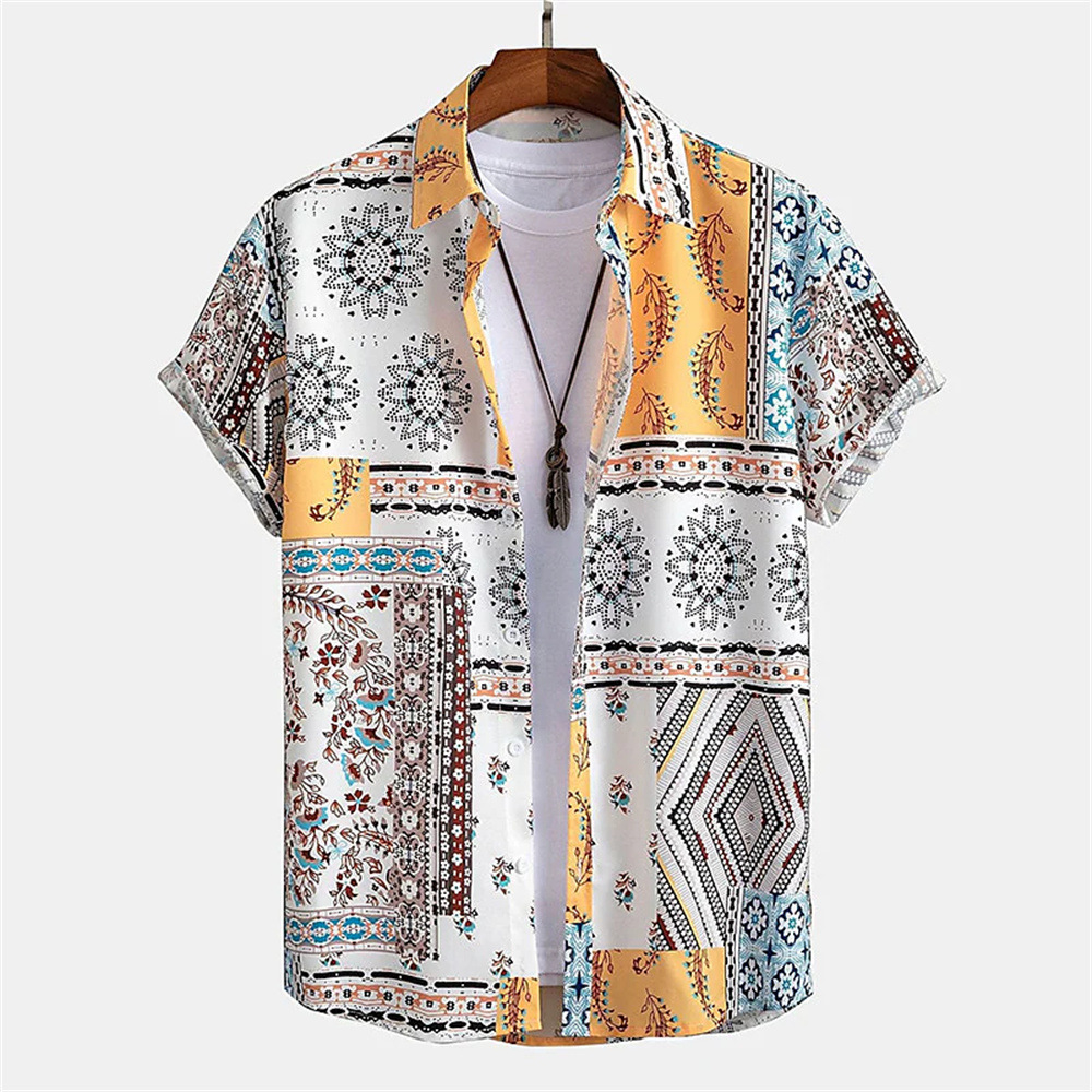 Men's Summer Patchwork Print Casual Vintage Short Sleeve Shirt