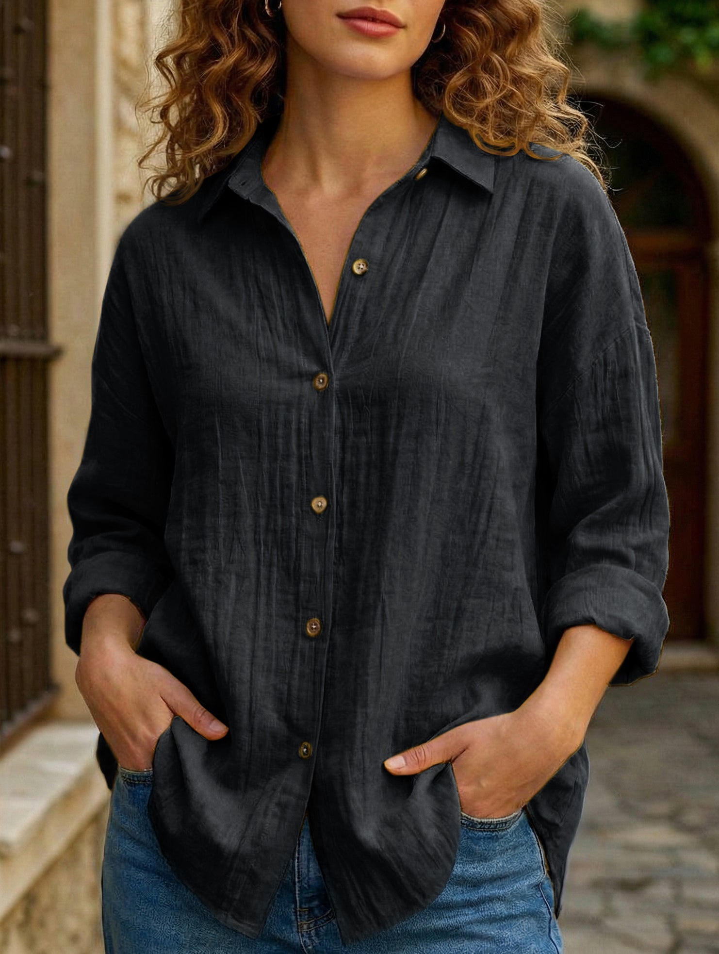 Solid Color Pleated Button-Up Shirt for Women_CWTBLL02038