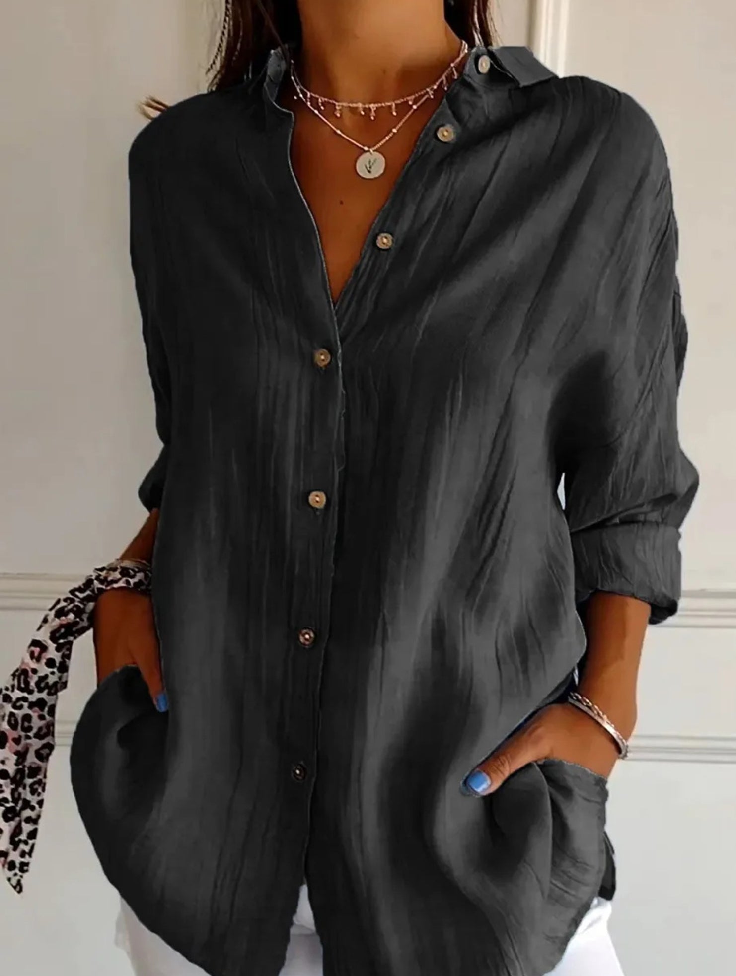 Solid Color Pleated Button-Up Shirt for Women_CWTBLL02038