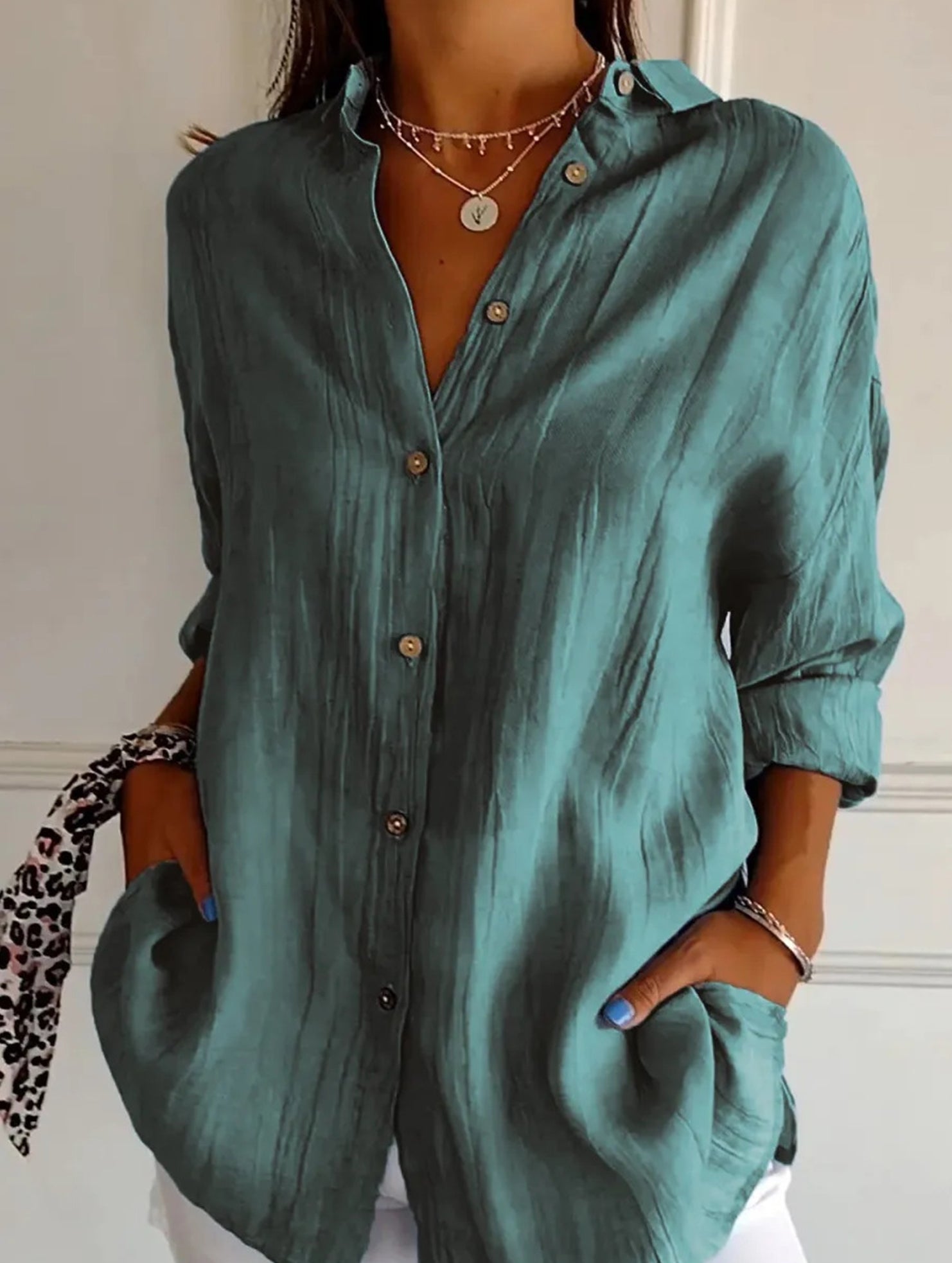 Solid Color Pleated Button-Up Shirt for Women_CWTBLL02038
