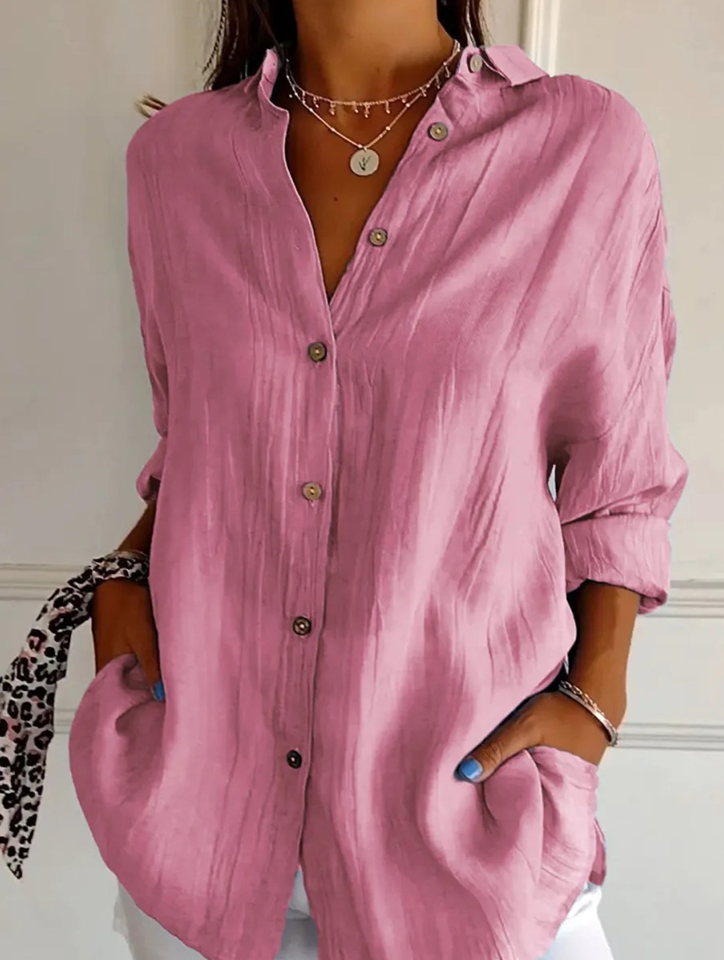 Solid Color Pleated Button-Up Shirt for Women_CWTBLL02038