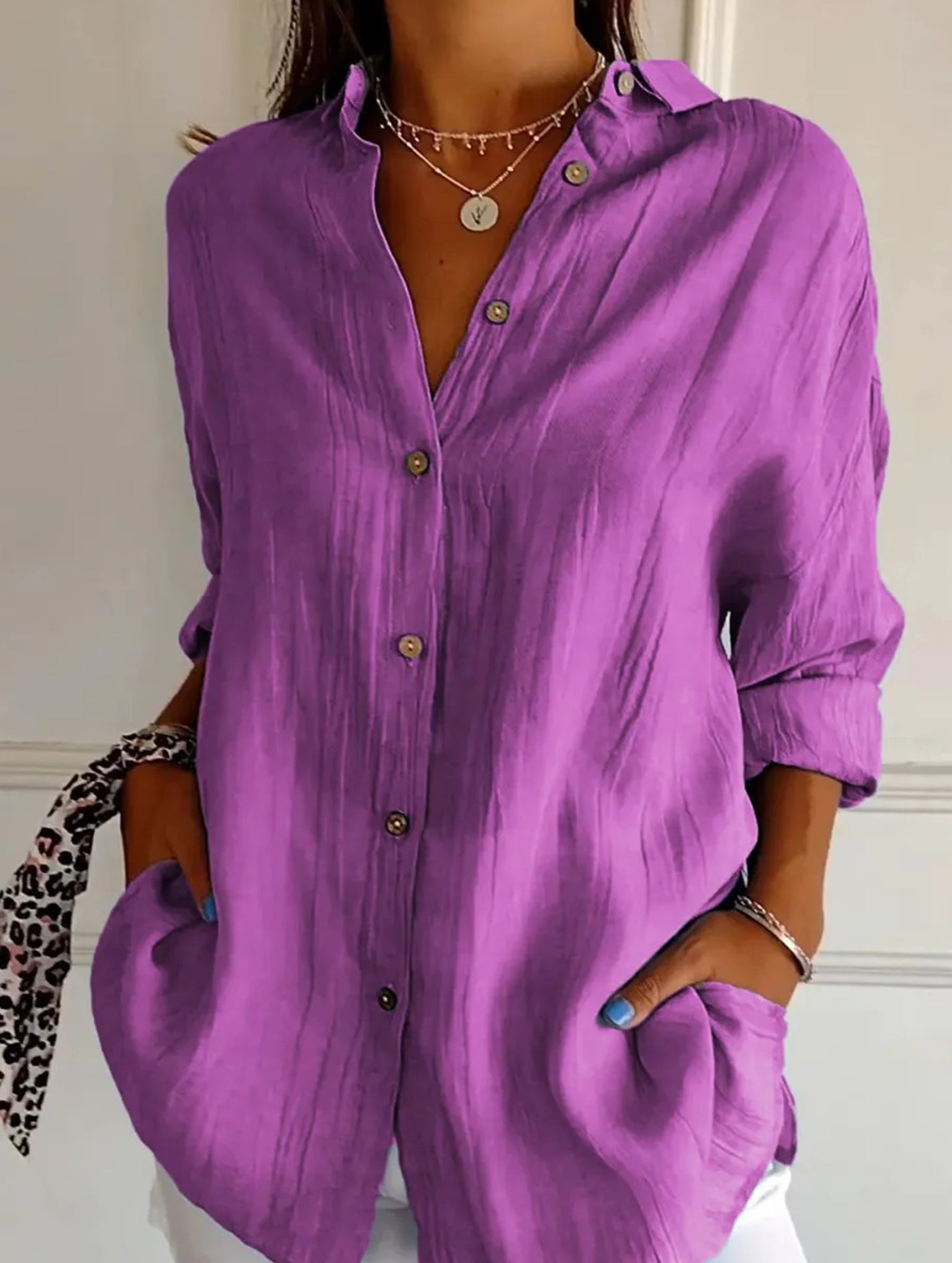 Solid Color Pleated Button-Up Shirt for Women_CWTBLL02038