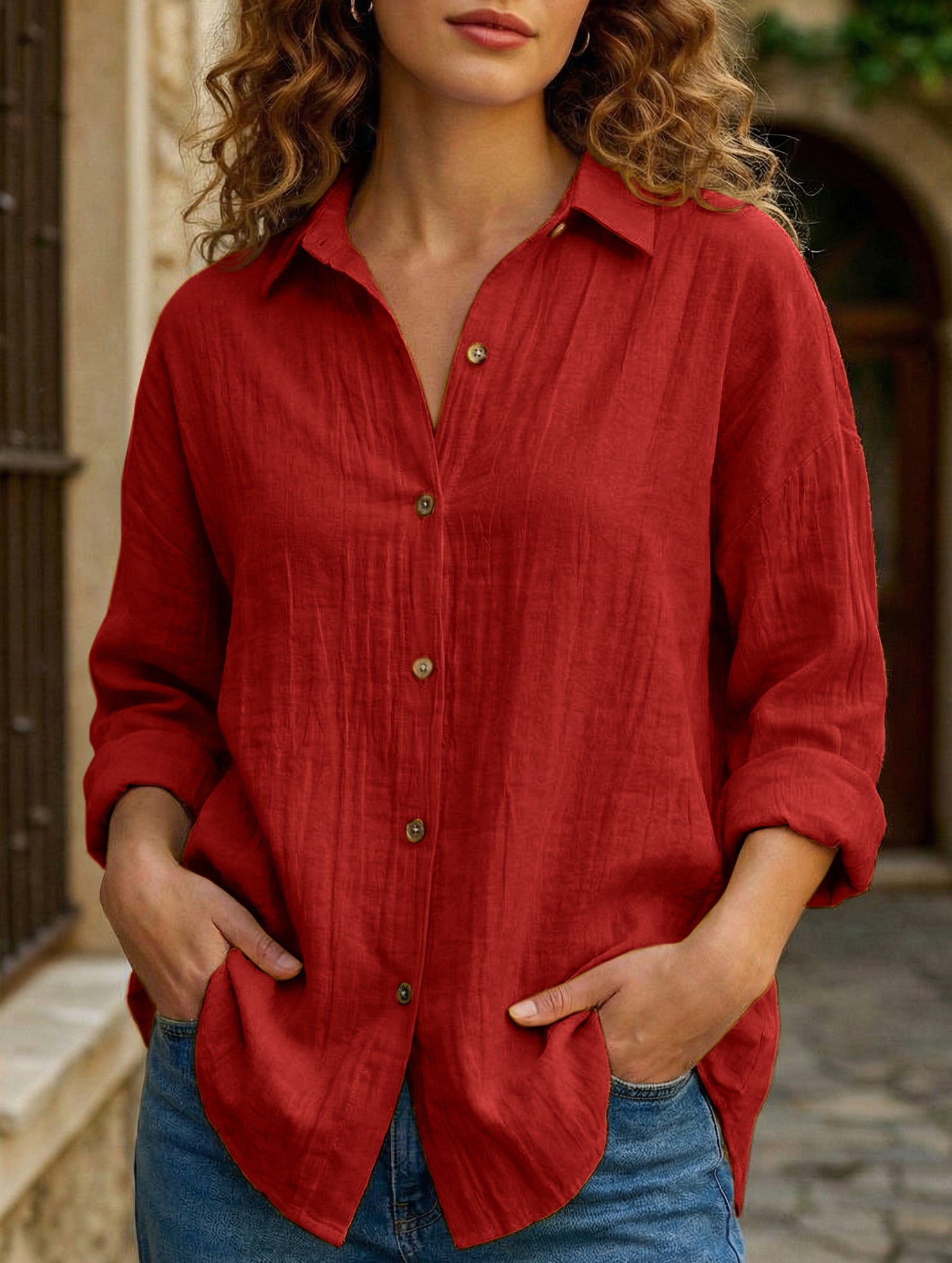 Solid Color Pleated Button-Up Shirt for Women_CWTBLL02038
