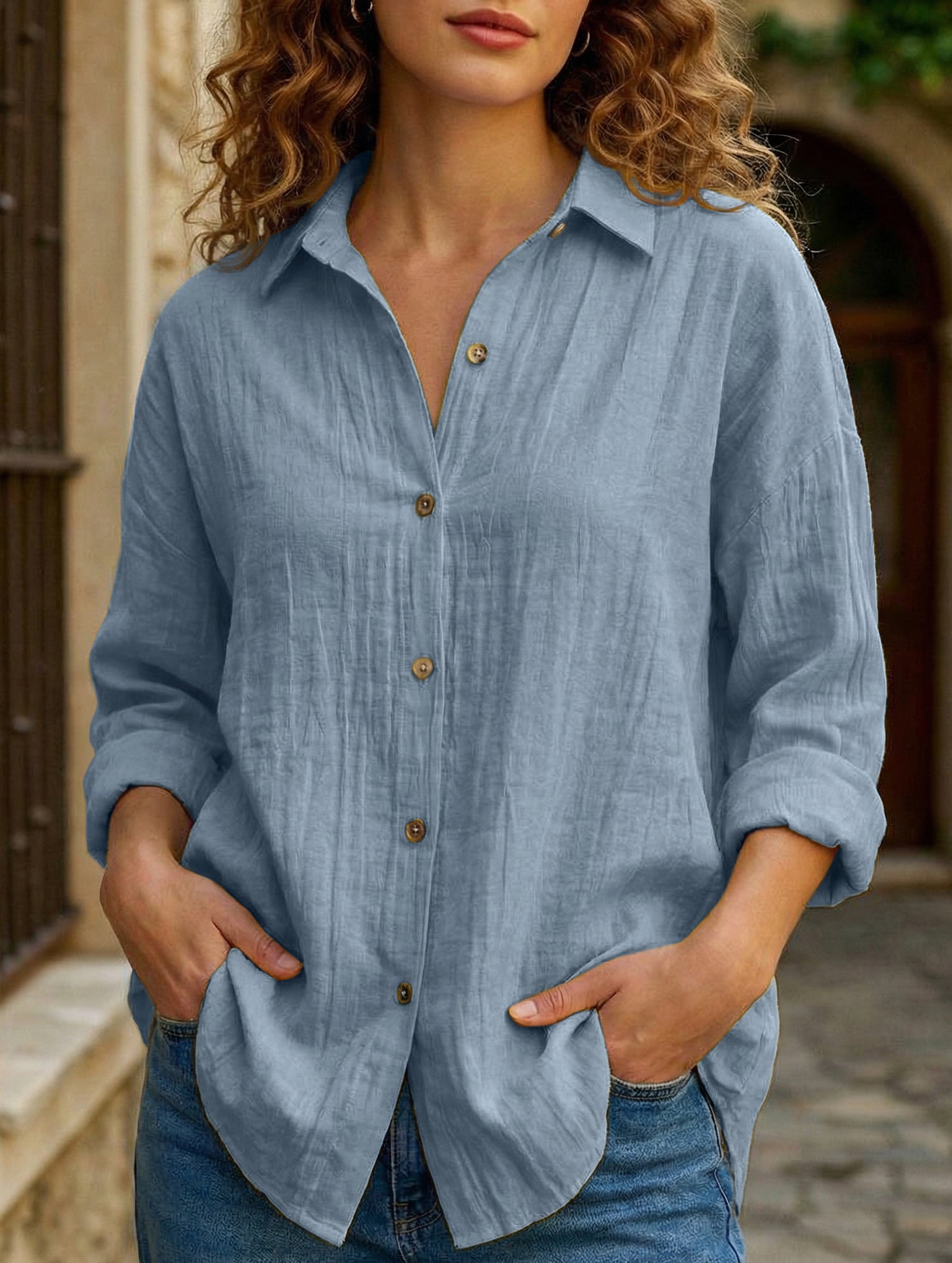 Solid Color Pleated Button-Up Shirt for Women_CWTBLL02038