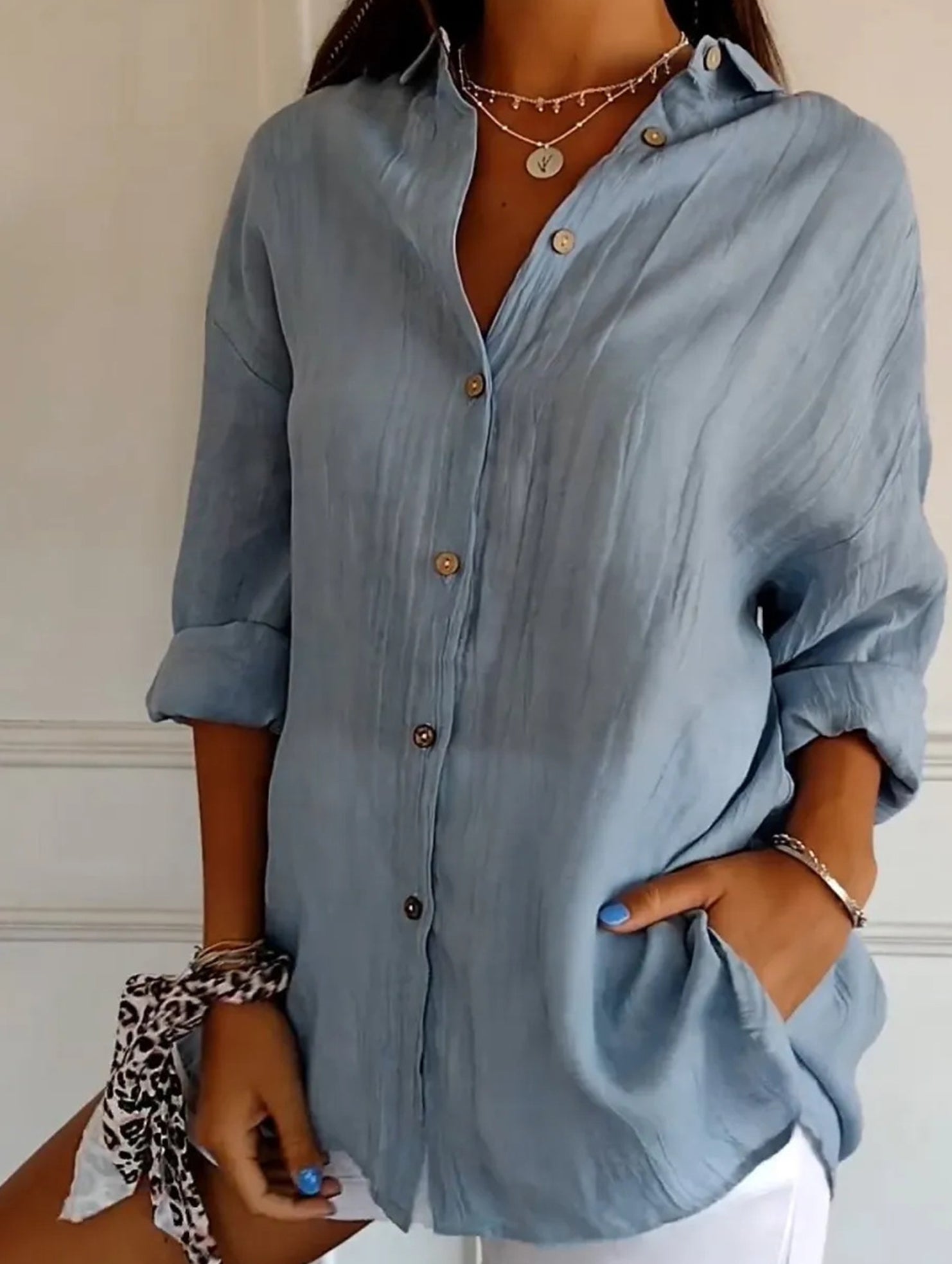 Solid Color Pleated Button-Up Shirt for Women_CWTBLL02038