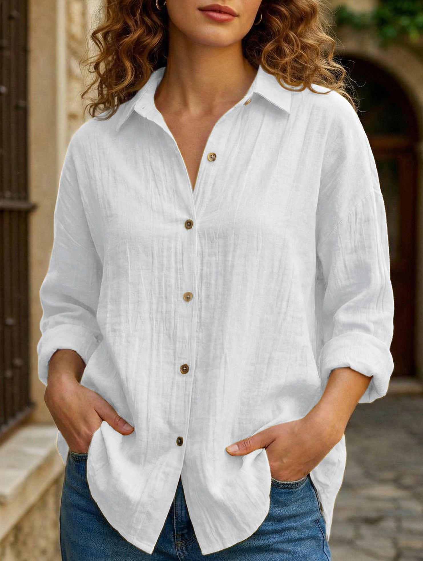 Solid Color Pleated Button-Up Shirt for Women_CWTBLL02038