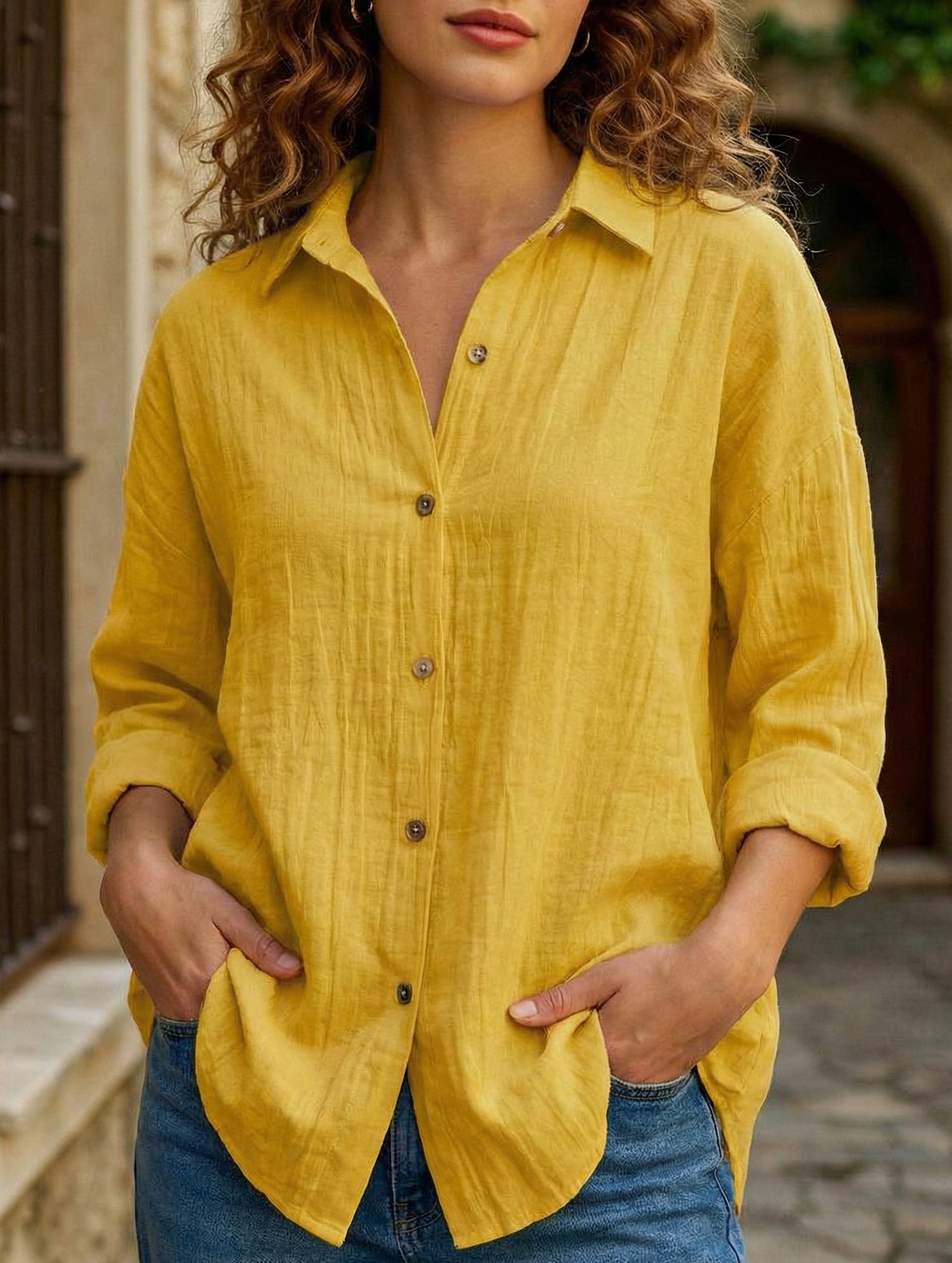 Solid Color Pleated Button-Up Shirt for Women_CWTBLL02038