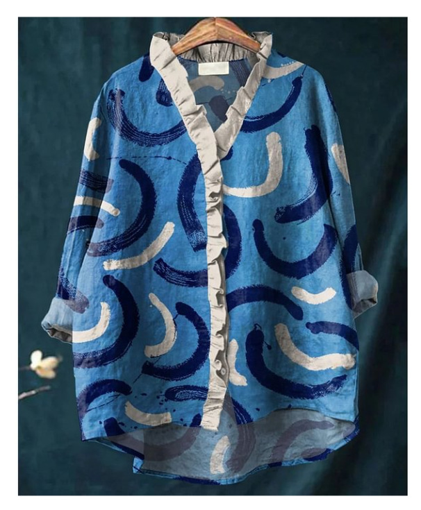 Women's Elegant Cotton and Linen Ruffle Shirt