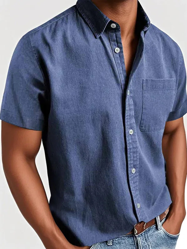 Men's Classic Vintage Washed Gentleman Casual Pocket Short Sleeve Shirt