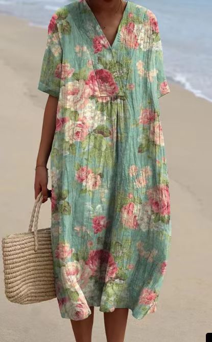 Boho Floral Vintage V Neck Beach Sundress