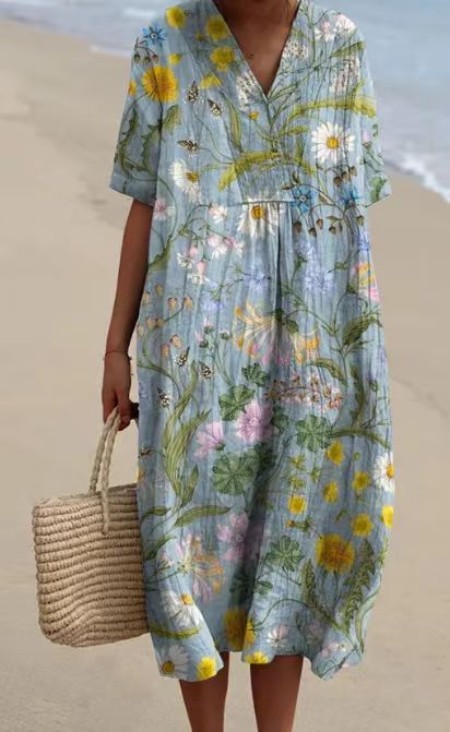 Boho Floral Vintage V Neck Beach Sundress