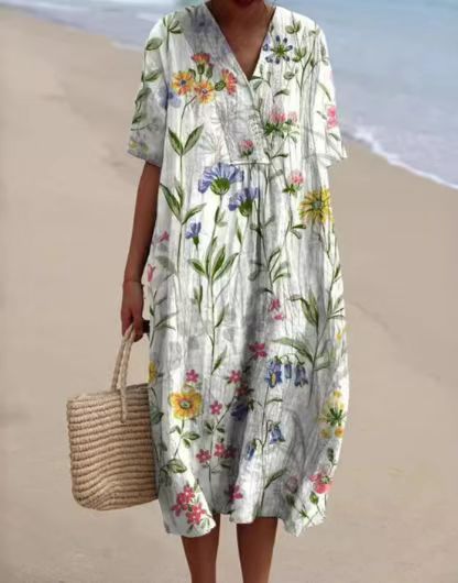 Boho Floral Vintage V Neck Beach Sundress