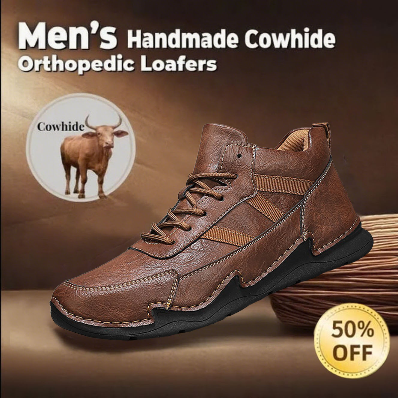 Men's Comfy Arch Support Waterproof Lightweight Handmade Orthopedic Genuine Leather Shoes