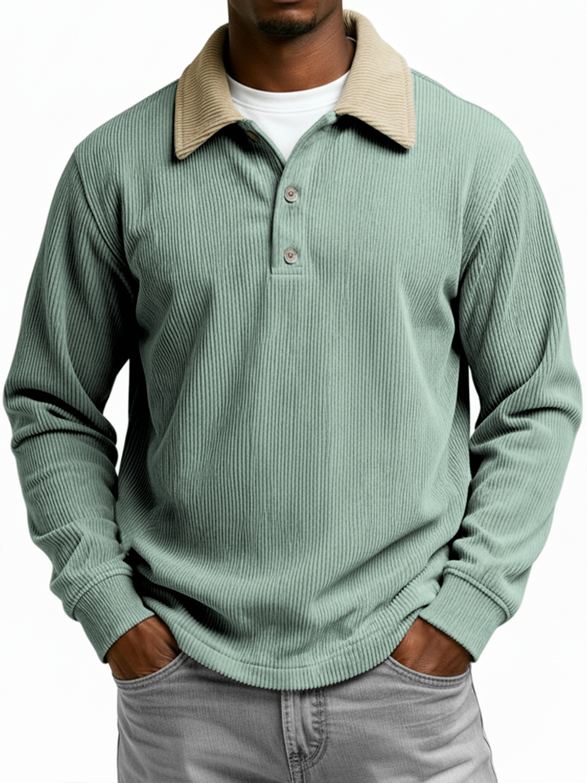 Men's Color-blocked Ribbed Collar Long-sleeved Button-down Polo Shirt
