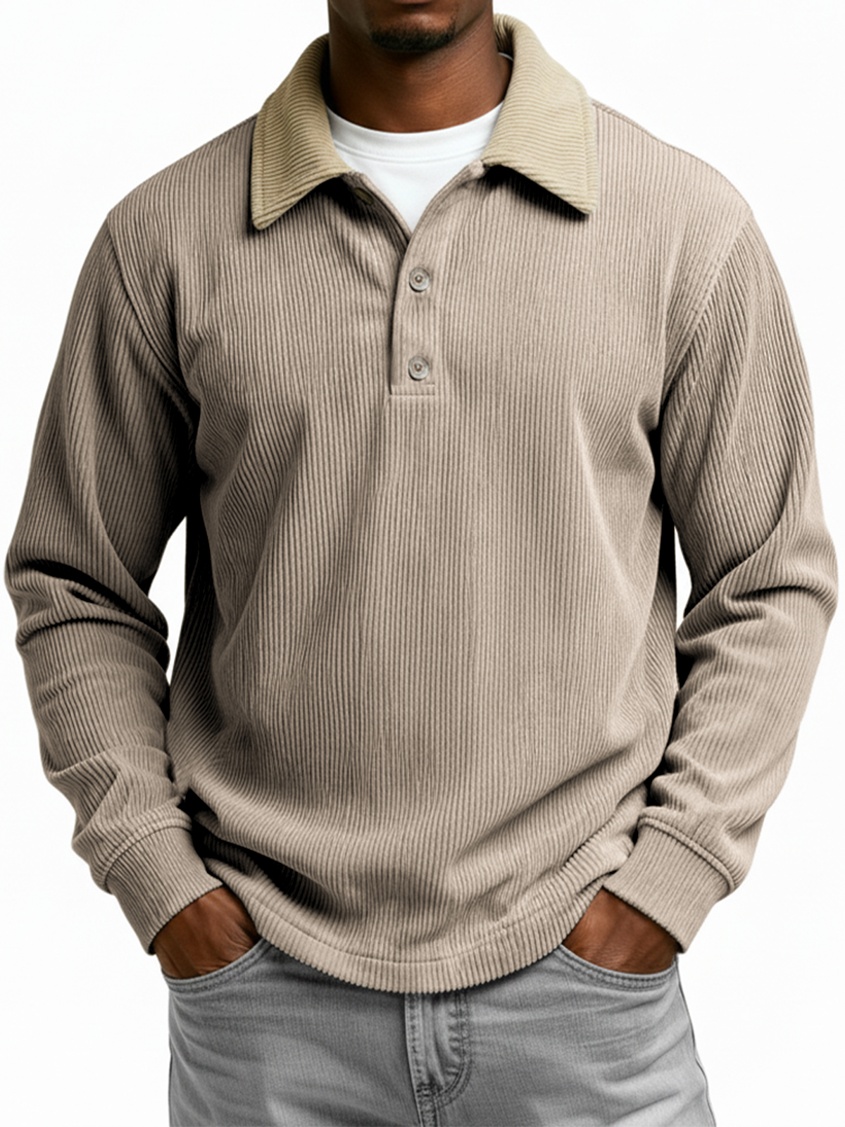 Men's Color-blocked Ribbed Collar Long-sleeved Button-down Polo Shirt