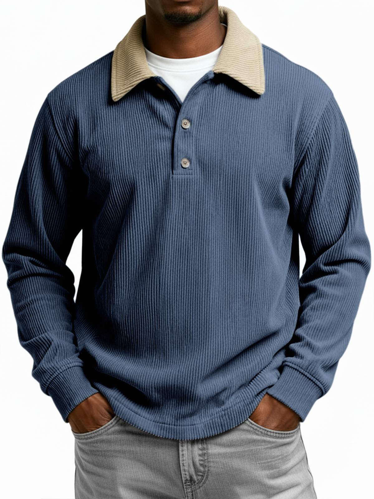 Men's Color-blocked Ribbed Collar Long-sleeved Button-down Polo Shirt