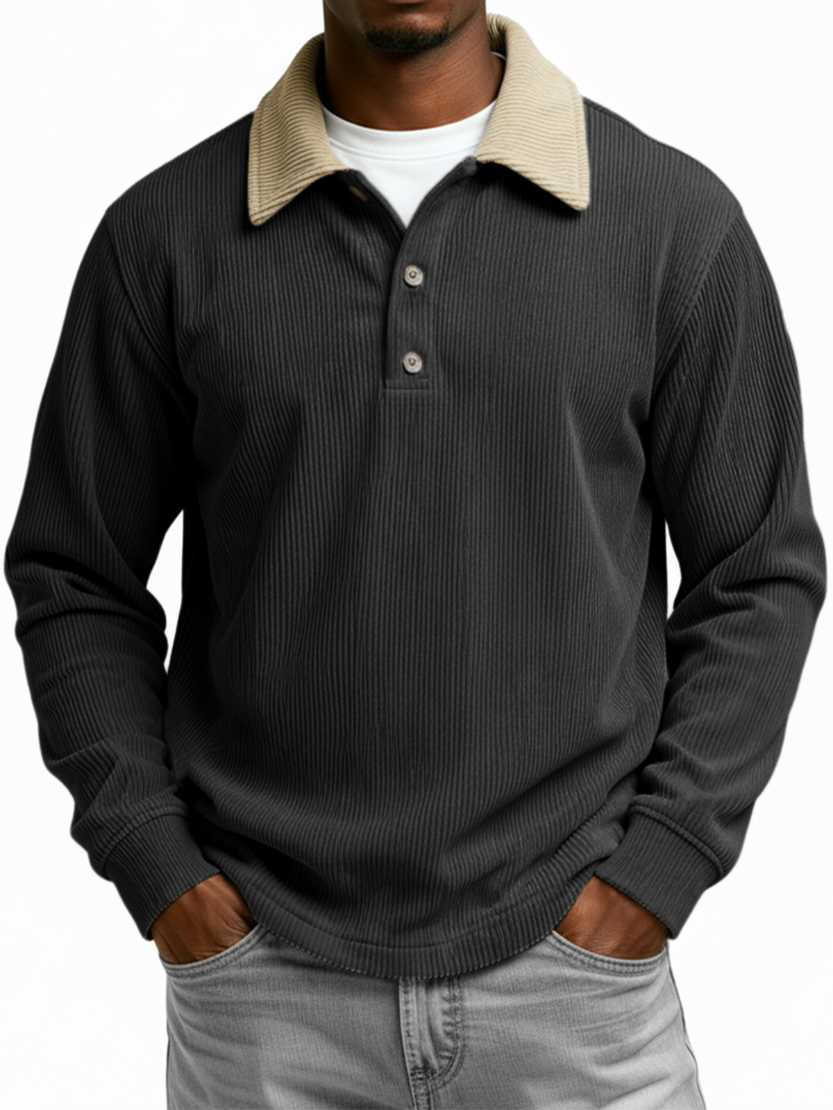 Men's Color-blocked Ribbed Collar Long-sleeved Button-down Polo Shirt