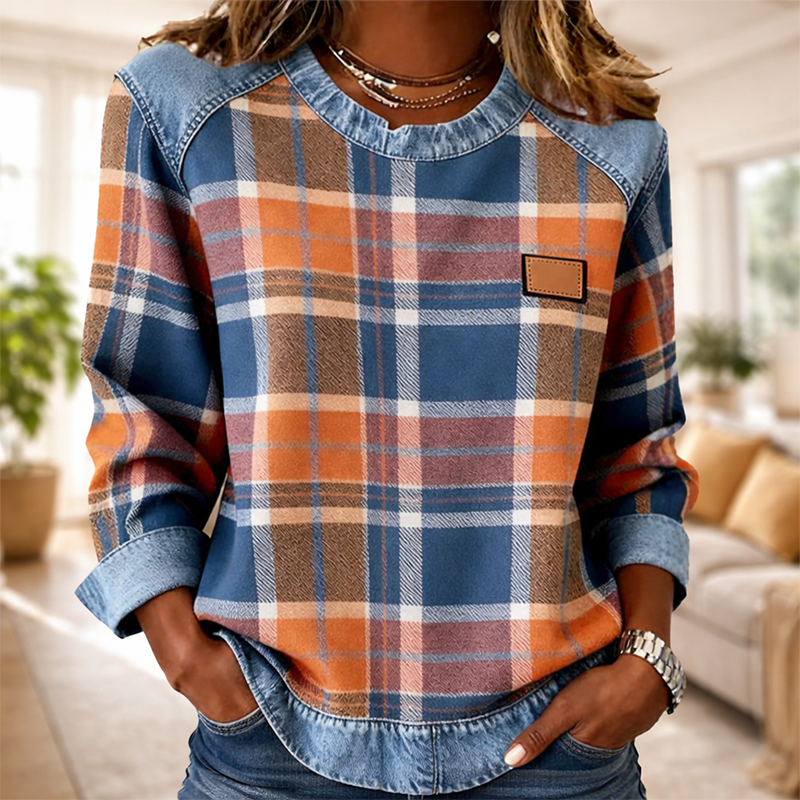🔥Women's Casual Round Neck Denim Patchwork Pullover Sweatshirt