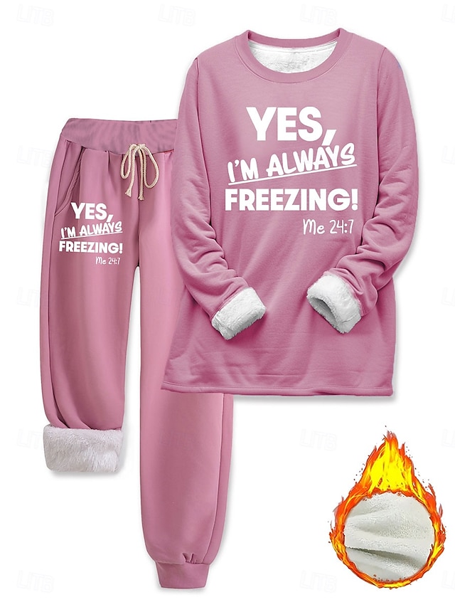 Women's Pajamas Set Fleece Lined 2 Pieces Sweatshirt Tracksuits Loungewear Set Pyjamas Fleece Fluffy Long Sleeve Top and Pant Text Print Comfort Casual Home Wear Drawstring Solid Cozy Winter